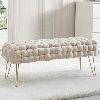 Mirage Modern Contemporary Woven Upholstered Velvet Long Bench Ottoman with Gold Metal Legs - Cream