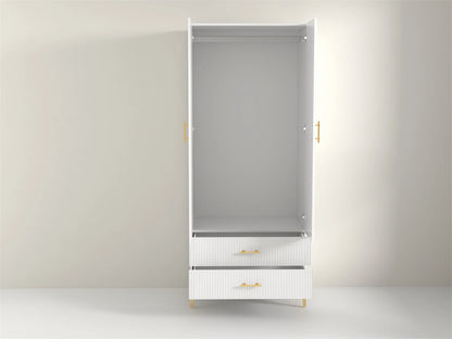 Modern Accent Armoire: White Wood Armoire with Printed Ripple Pattern and Gold Accents