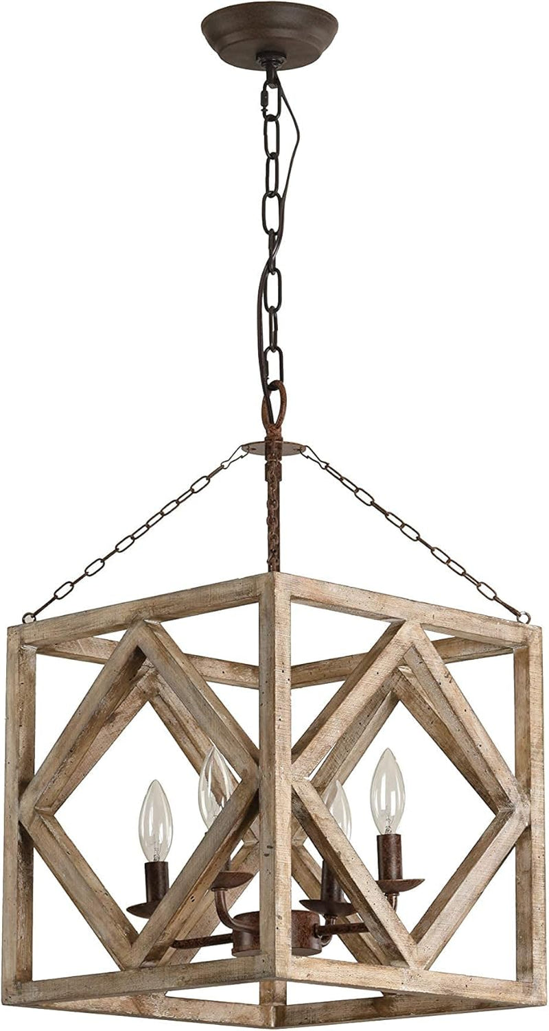 Farmhouse Wooden Chandelier, 4-Light Lantern Square Rectangle Chandelier, Cottage Wood Chandelier, Lantern Chandelier with Wood Accents (Weathered Wood)