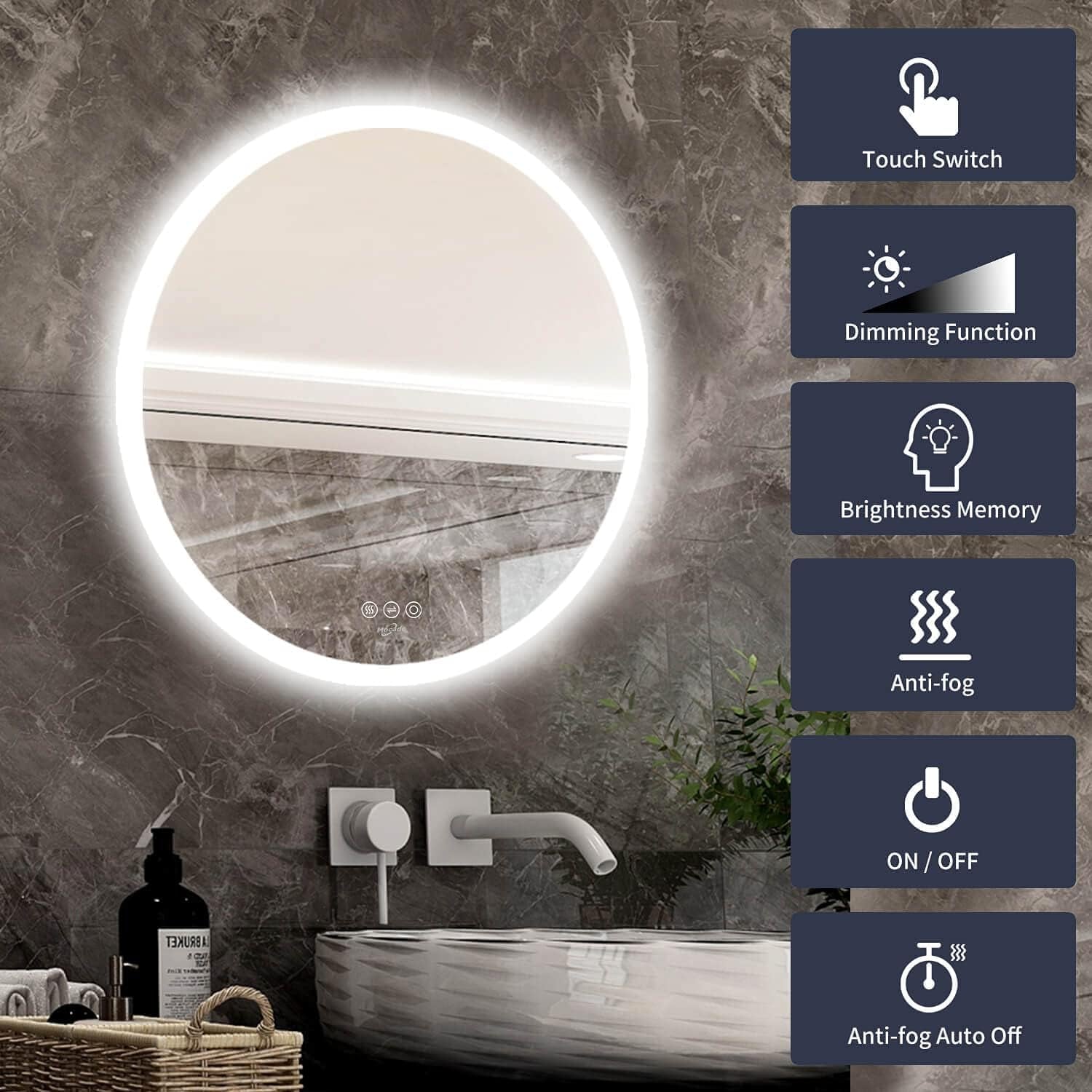 LED Bathroom Vanity Mirror for Wall - 24” X 24” Smart Memory LED Bathroom Mirror, Anti-Fog Touch Switch Smart Makeup Vanity Mirror with 6500K High Lumen Lights