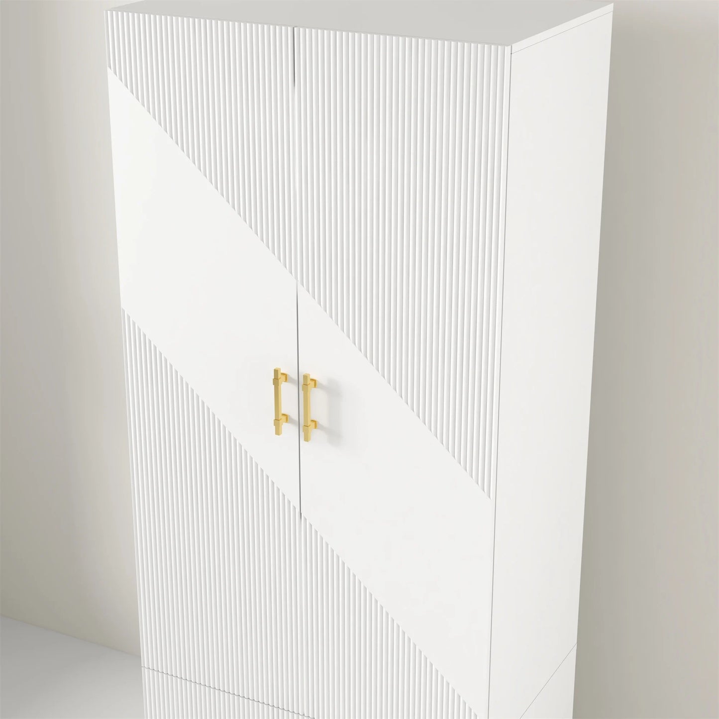 Modern Accent Armoire: White Wood Armoire with Printed Ripple Pattern and Gold Accents