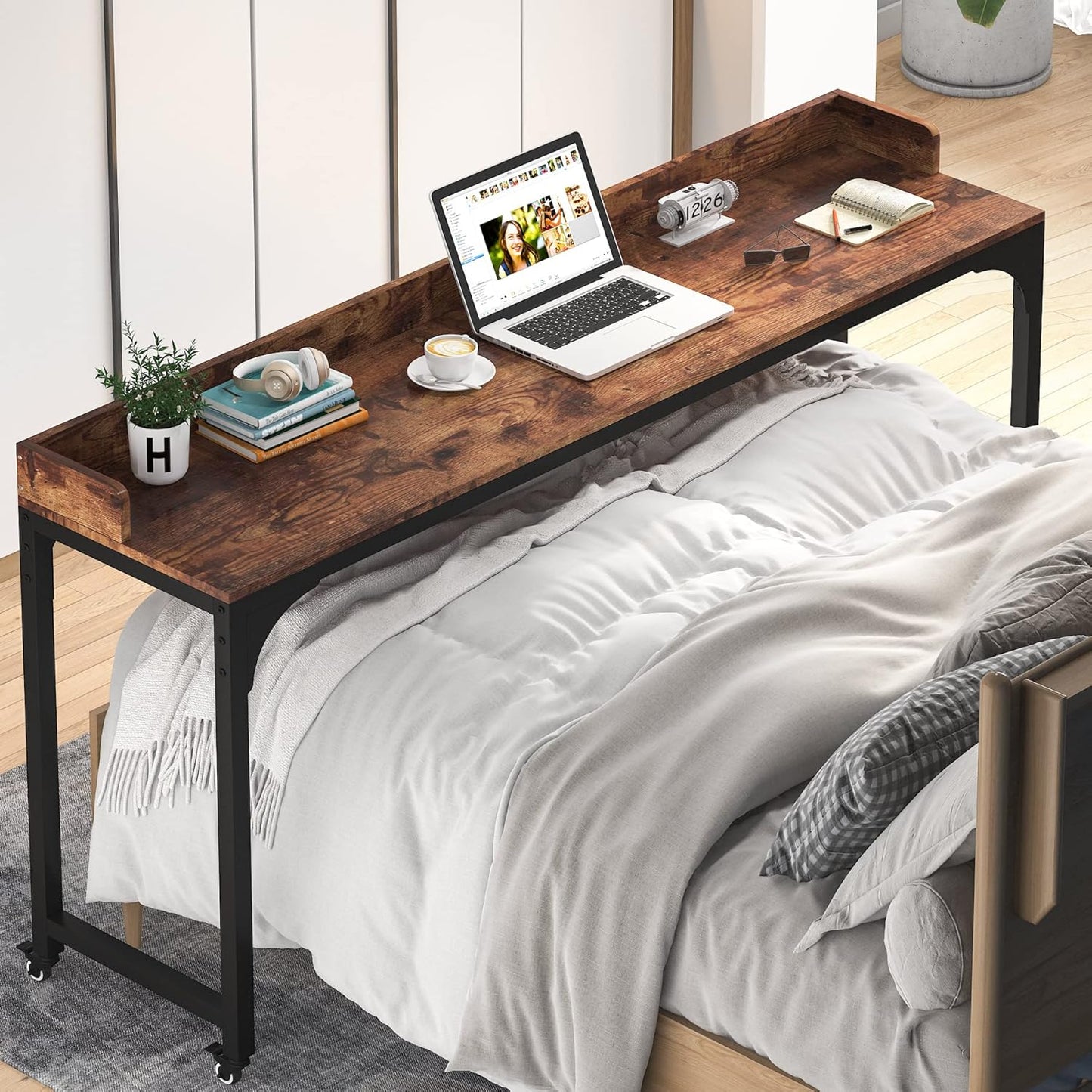 Overbed Table with Wheels, Queen Size Mobile Computer Desk Standing Workstation Laptop Cart, over Bed Table with Heavy Duty Metal Leg (Brown+Black)