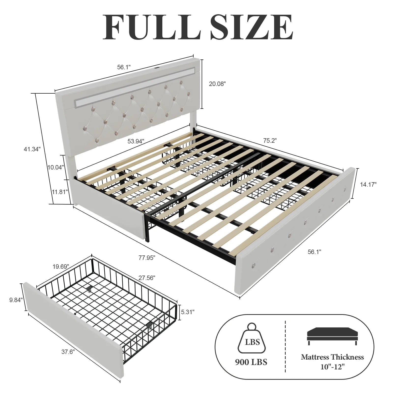 Full Bed Frame with 4 Drawers and LED Adjustable Button PU Leather Headboard, Charging Station, White