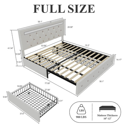 Full Bed Frame with 4 Drawers and LED Adjustable Button PU Leather Headboard, Charging Station, White