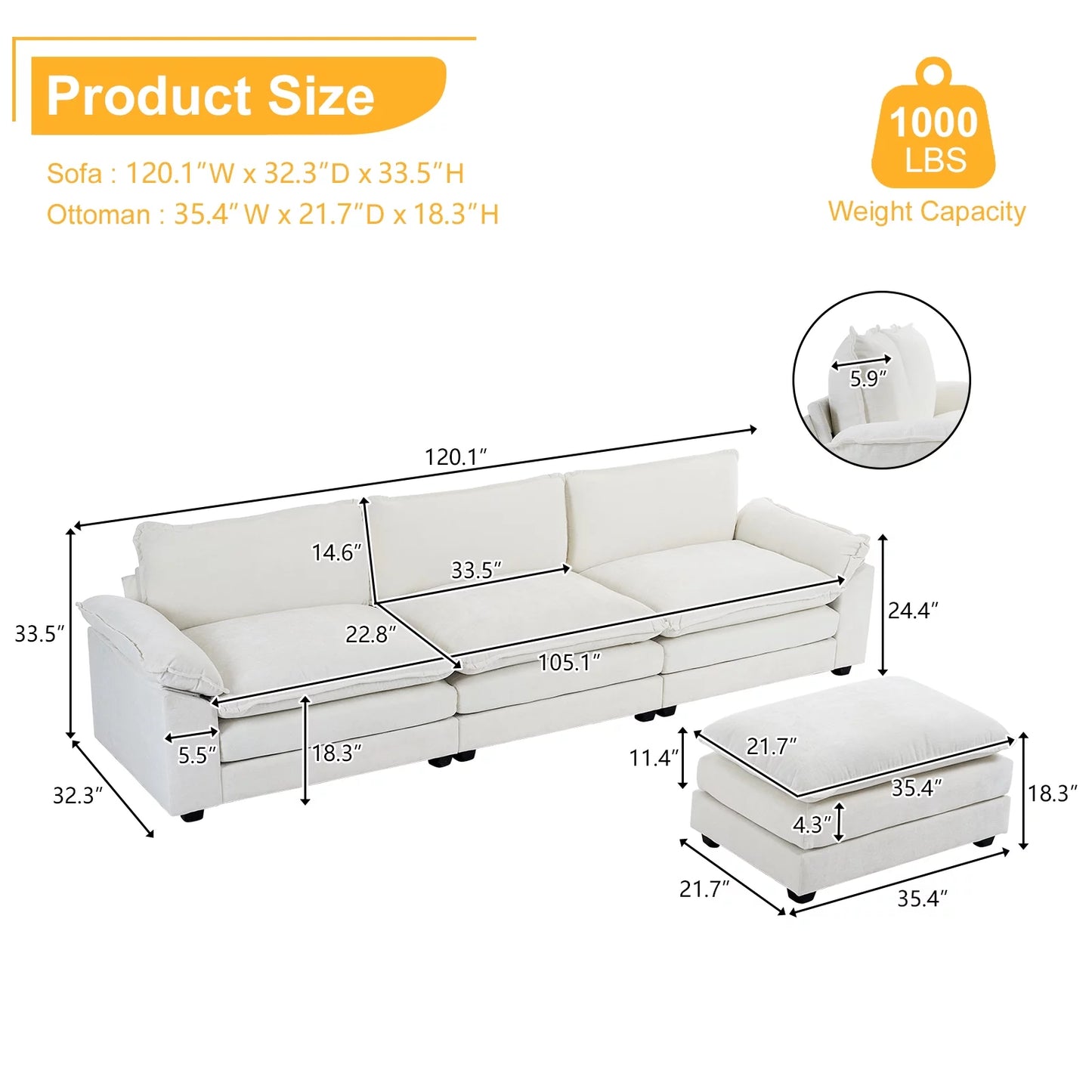 Sectional Sofa L Shaped Couch with Chaise Living Room Sleeper Set, 3 Seats with Chenille and Double Layer Cushions 120" W Beige