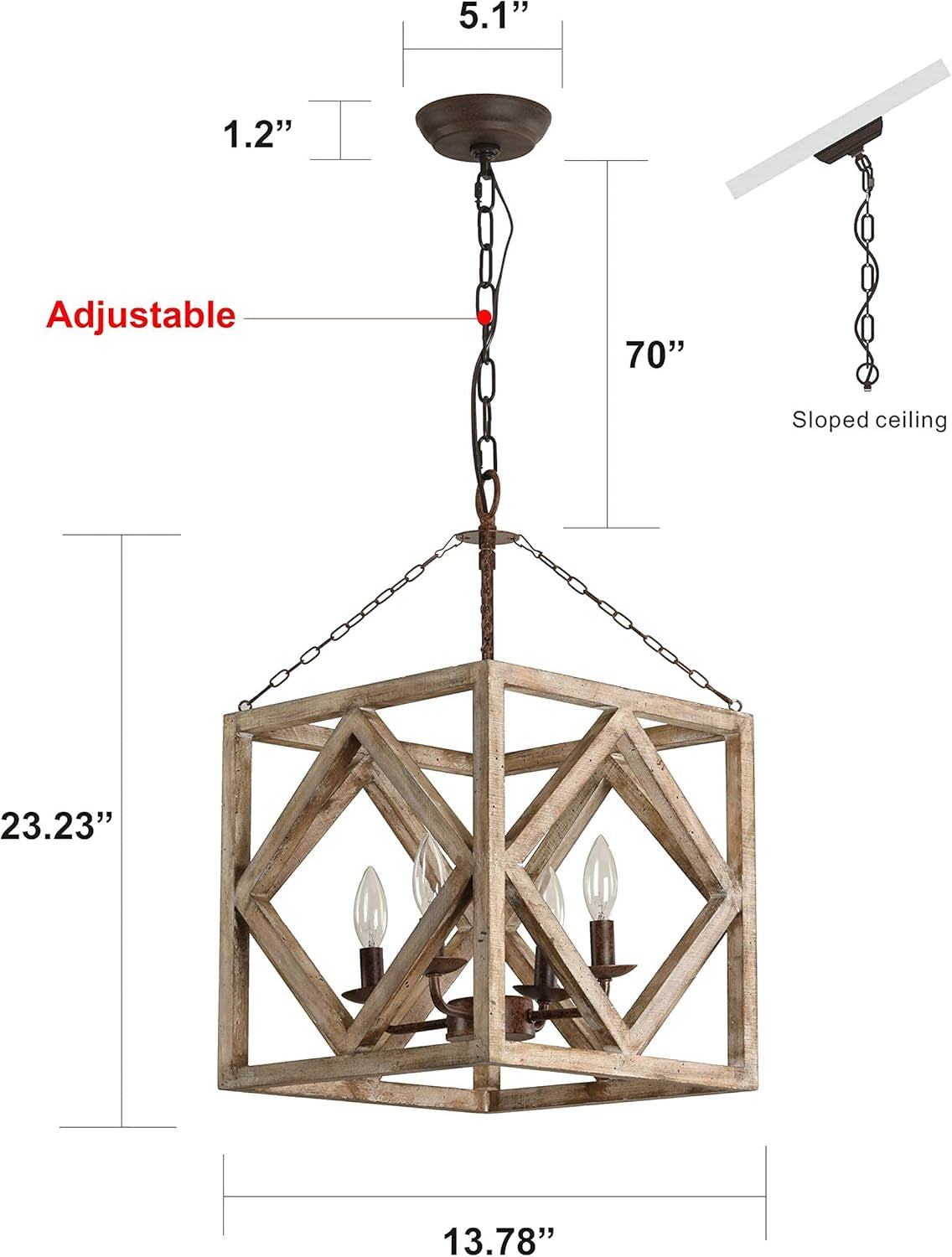 Farmhouse Wooden Chandelier, 4-Light Lantern Square Rectangle Chandelier, Cottage Wood Chandelier, Lantern Chandelier with Wood Accents (Weathered Wood)