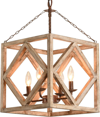 Farmhouse Wooden Chandelier, 4-Light Lantern Square Rectangle Chandelier, Cottage Wood Chandelier, Lantern Chandelier with Wood Accents (Weathered Wood)