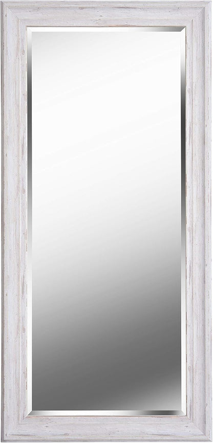 60351 Warren Beveled Mirror W/Distressed White Wood Finish Frame with White Finish, Rustic Style, 65.19" Height, 31.19" Width, 1.06" Depth