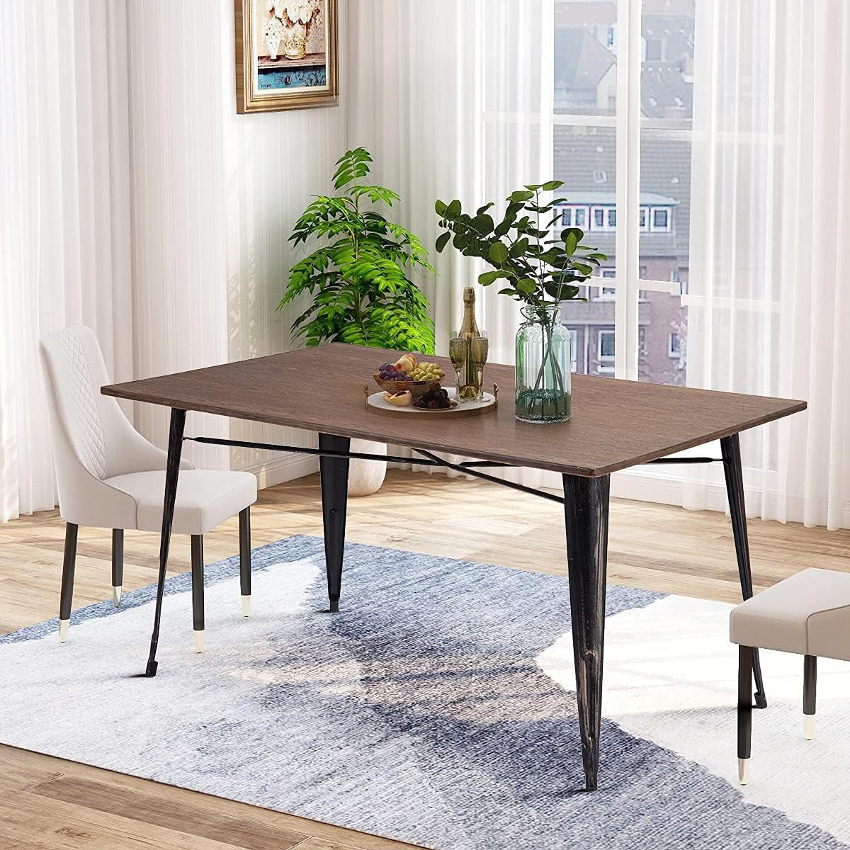 Industrial Modern 30.3'' Rustic Modern Farmhouse Wood Rectangle Dining Table with Steel Legs in Brown, Bamboo-Wood Gluing Process