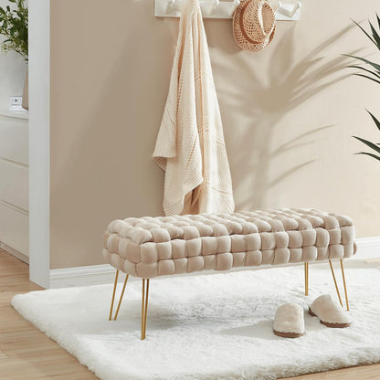 Mirage Modern Contemporary Woven Upholstered Velvet Long Bench Ottoman with Gold Metal Legs - Cream