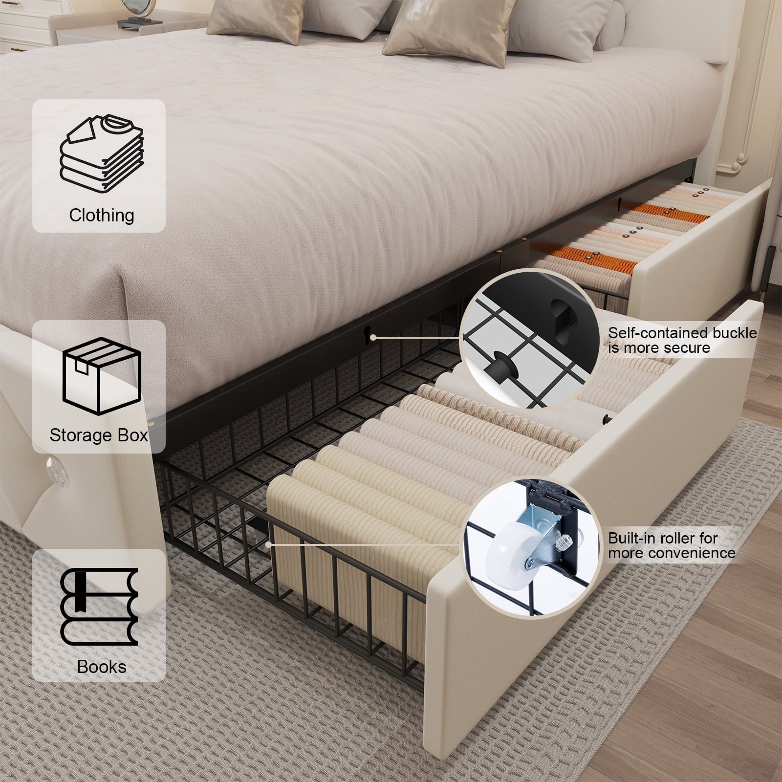 Full Bed Frame with 4 Drawers and LED Adjustable Button PU Leather Headboard, Charging Station, White