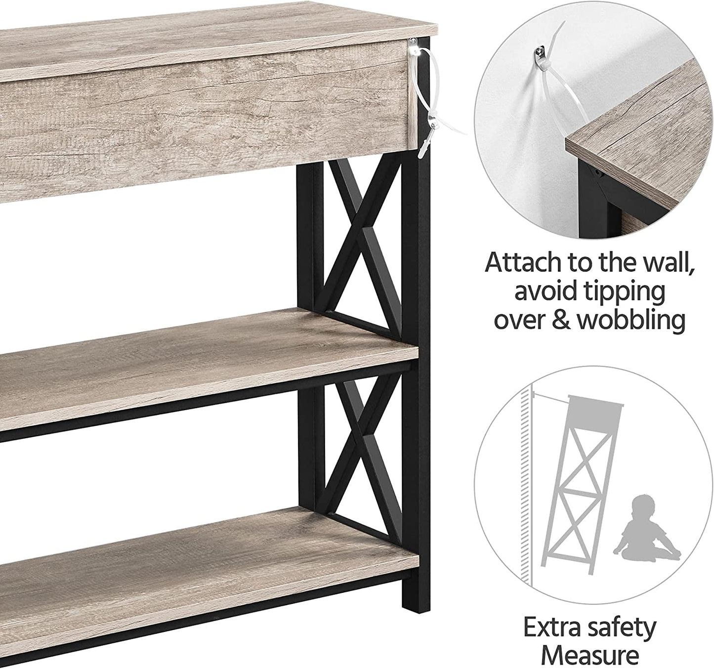 Console Table with Drawer, Entryway Table with 3 Tier Storage Shelves, Narrow Long Sofa Table for Entryway, Living Room, Hallway, Couch, Kitchen, Metal Frame, Gray