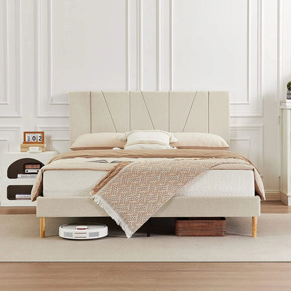 Queen Size Bed Frame with Complete High Headboard, Fabric Upholstered Platform Bed Frame, Beige