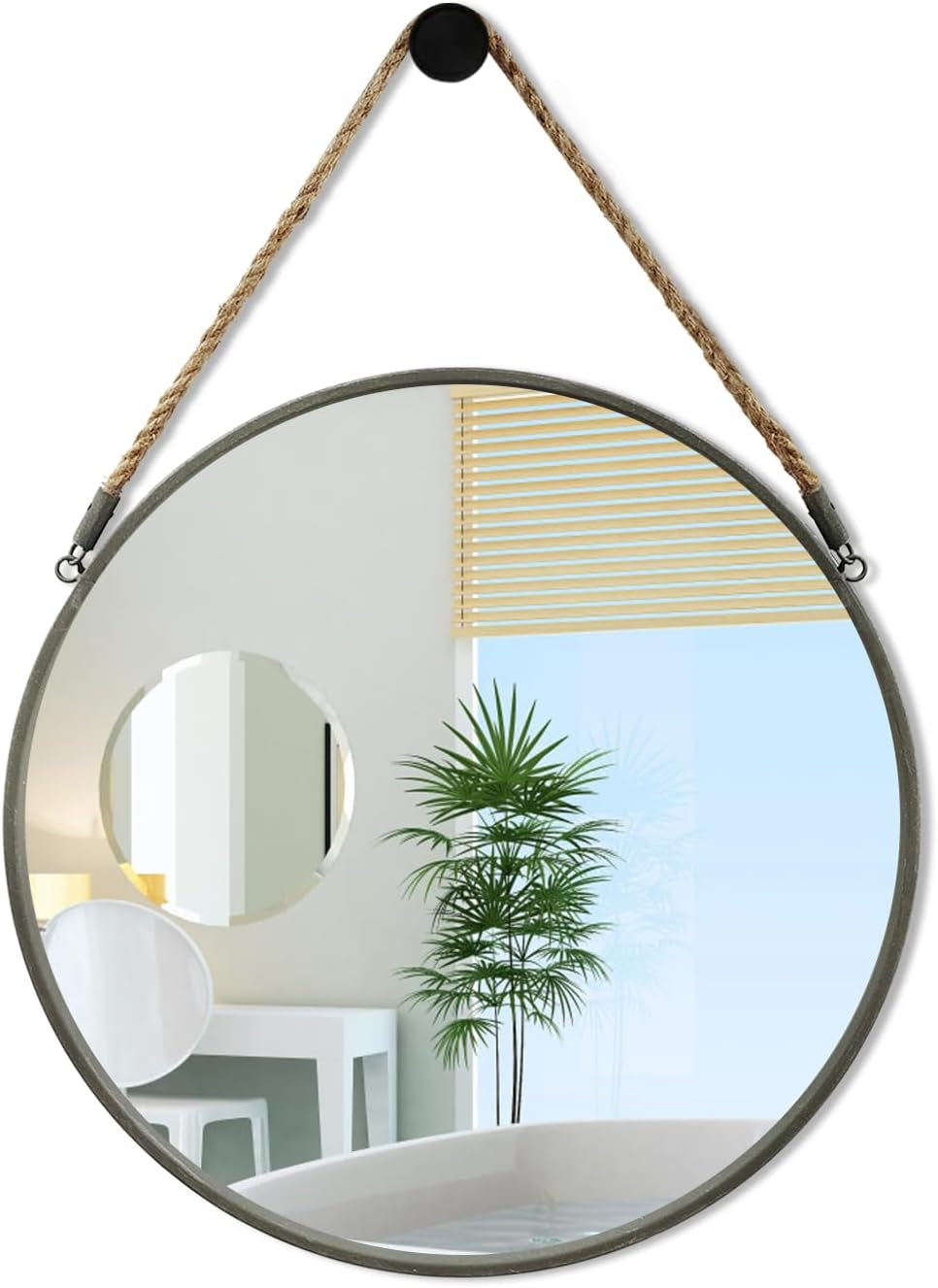 round Mirror, Rope Hanging Mirror, 15 Inch Farmhouse Circle Wall Mirror for Bathroom Bedroom Living Room Entryway Home Decor, Grey