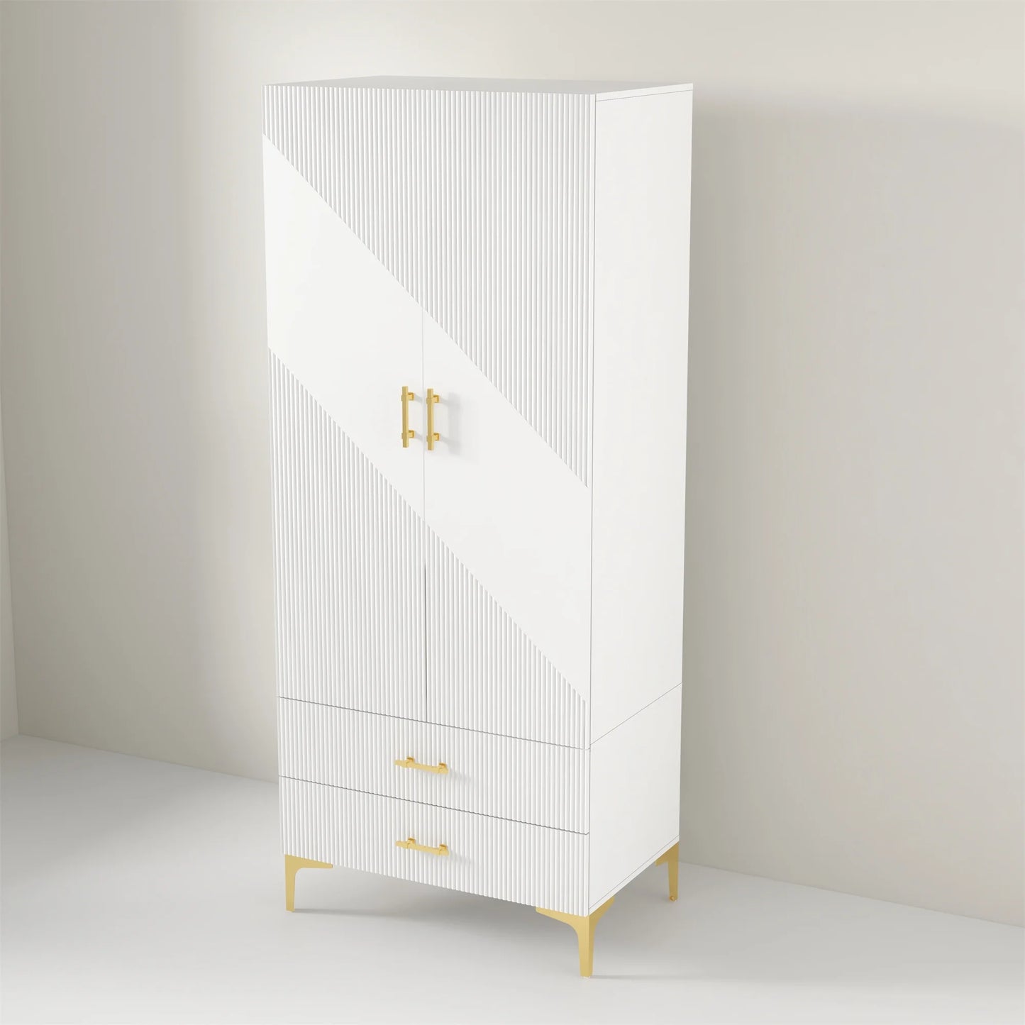 Modern Accent Armoire: White Wood Armoire with Printed Ripple Pattern and Gold Accents