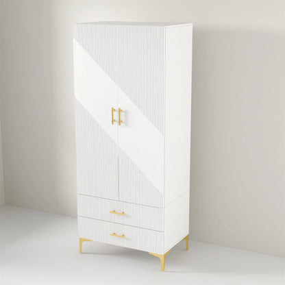 Modern Accent Armoire: White Wood Armoire with Printed Ripple Pattern and Gold Accents