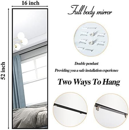 Full Length Mirror 52"X16" Wall-Mounted Large Standing Hanging or Leaning against Wall Mirror, Door Mirror Body Dressing Mirror with Aluminum Alloy Frame for Living Room, Bedroom, Black