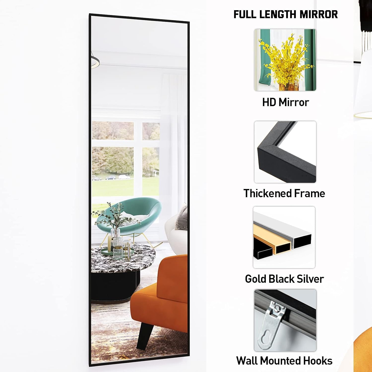 Full Length Mirror 52"X16" Wall-Mounted Large Standing Hanging or Leaning against Wall Mirror, Door Mirror Body Dressing Mirror with Aluminum Alloy Frame for Living Room, Bedroom, Black