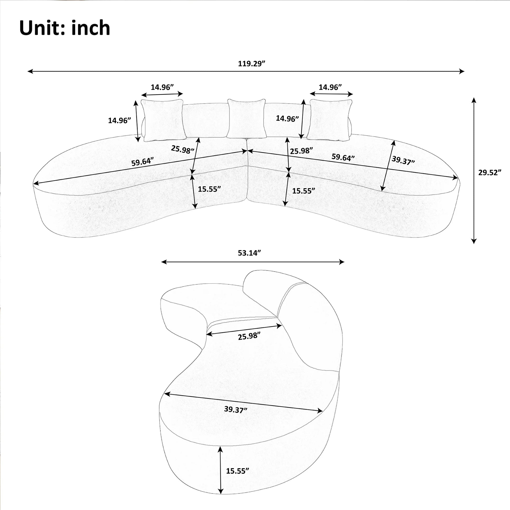 119'' Curved Sofa Couch, Modern Half Moon Living Room Sofa, Luxury Sectional Sofa Couch with High-Density Foam Filled, Comfy Sherpa Lamb Fabric Sectional Sofa for Apartment, Office, Beige