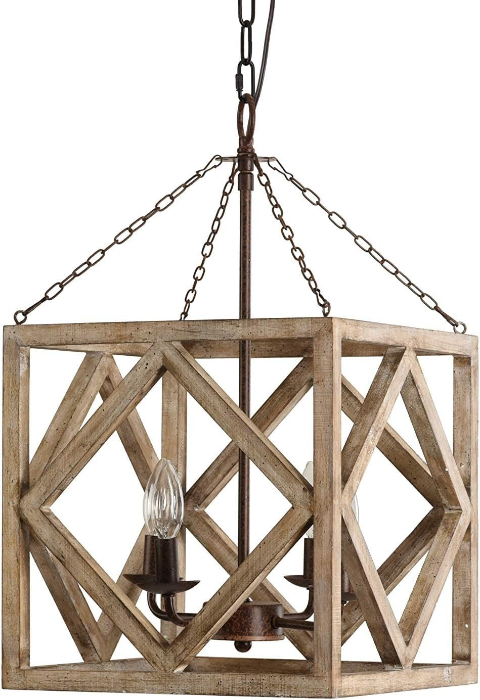 Farmhouse Wooden Chandelier, 4-Light Lantern Square Rectangle Chandelier, Cottage Wood Chandelier, Lantern Chandelier with Wood Accents (Weathered Wood)