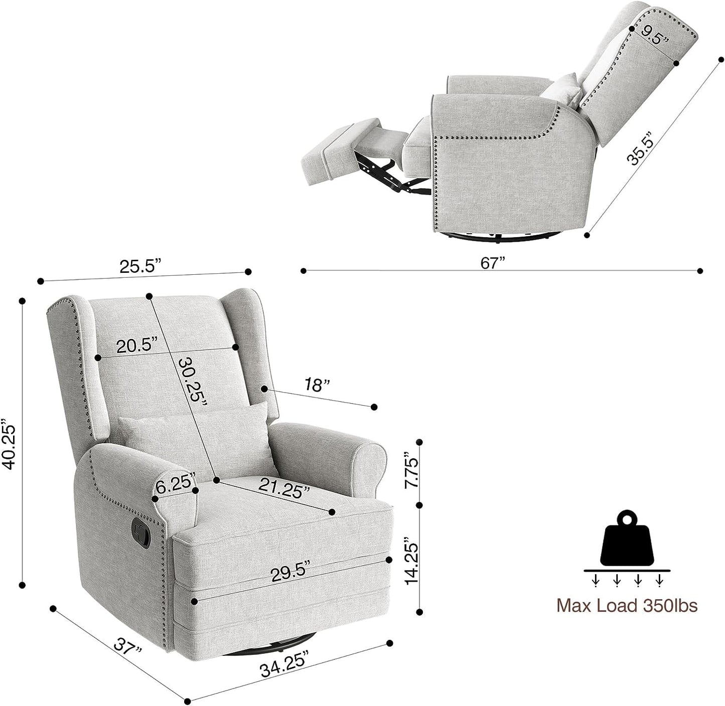 Swivel Nursery Glider Recliner, Comfy Upholstered Glider Chair with Lumbar Pillow and Footrest, Swivel Rocking Chair for Living Room, Grey