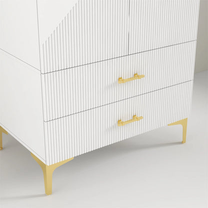 Modern Accent Armoire: White Wood Armoire with Printed Ripple Pattern and Gold Accents