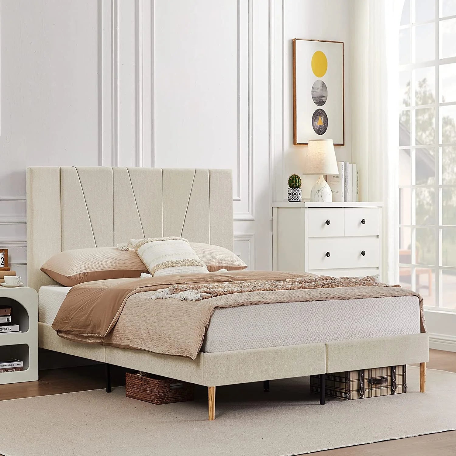 Queen Size Bed Frame with Complete High Headboard, Fabric Upholstered Platform Bed Frame, Beige