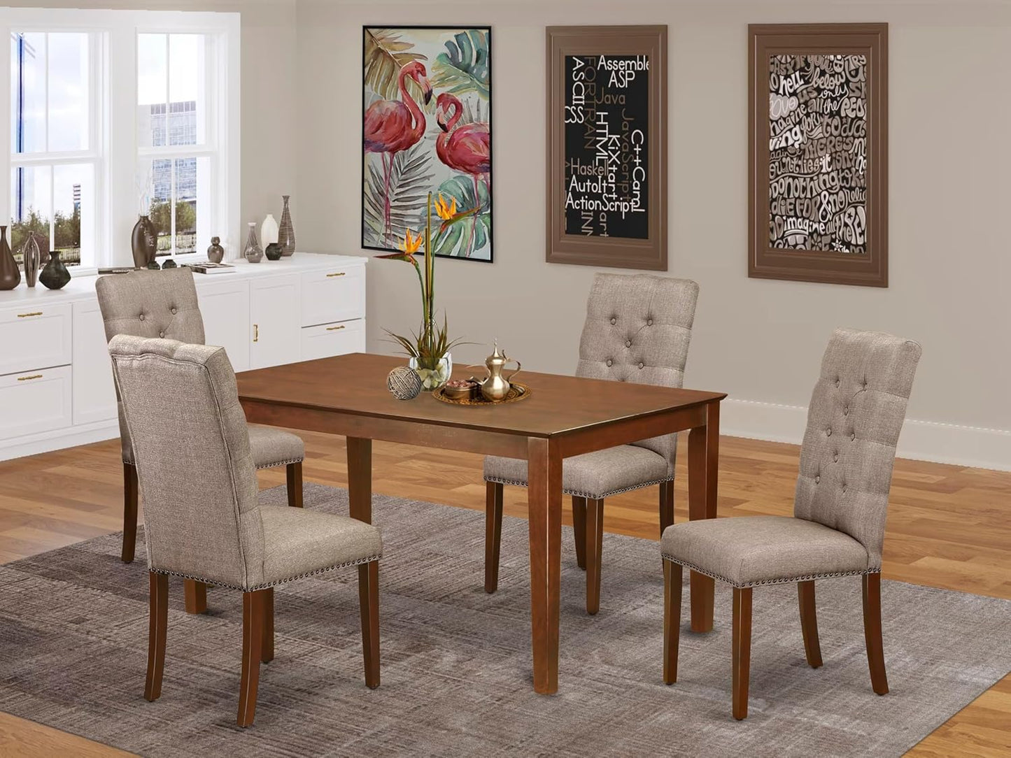 CAEL5-MAH-16 5 Piece Dining Table Set for 4 Includes a Rectangle Kitchen Table and 4 Dark Khaki Linen Fabric Parsons Dining Chairs, 36X60 Inch, Linen White