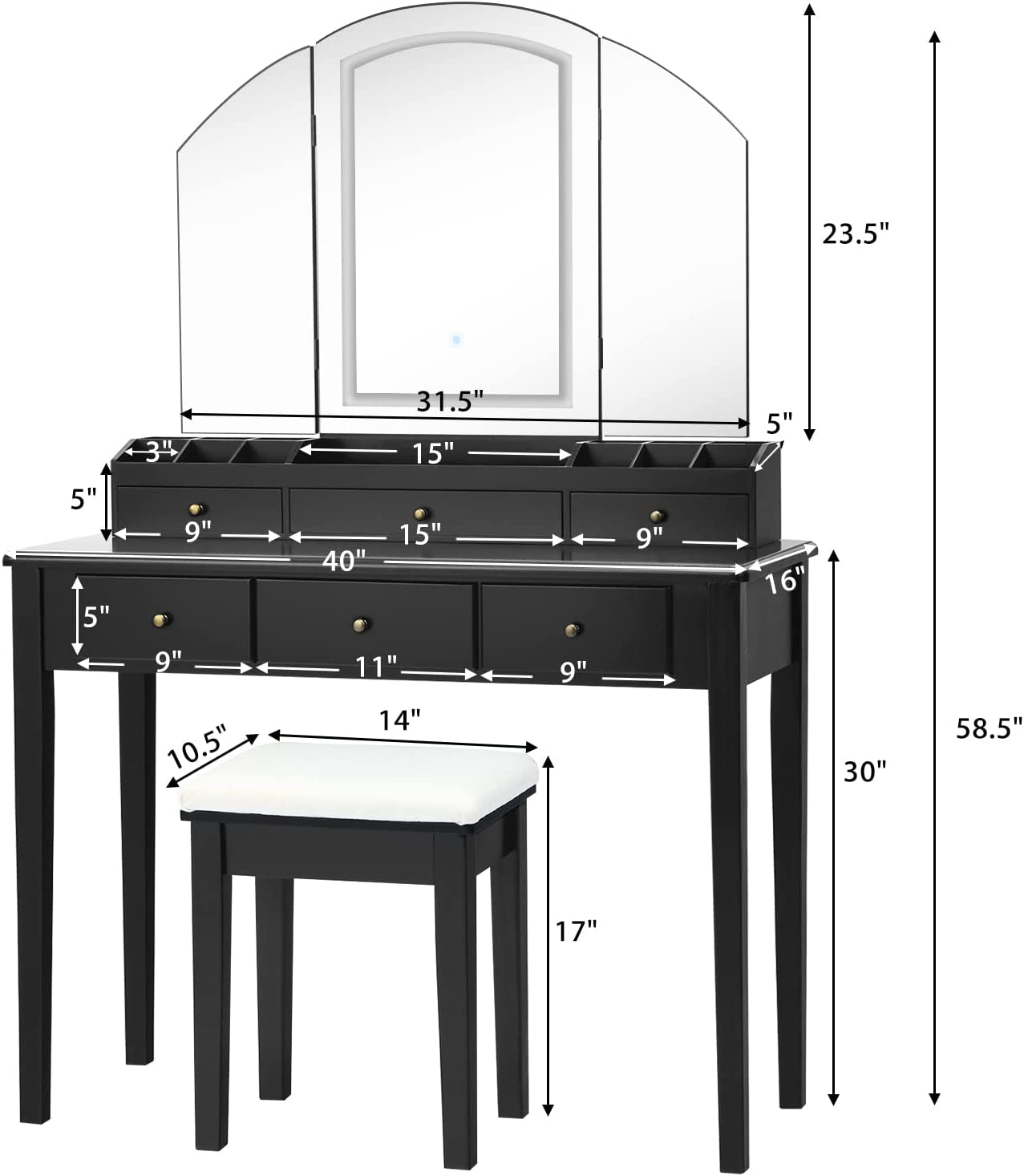 Large Vanity Set with Tri-Folding Lighted Mirror, 3 Color Lighting Modes, 6 Drawers, 12 Storage Compartments, Bedroom Makeup Dressing Table with Cushioned Stool for Women Girls, Black