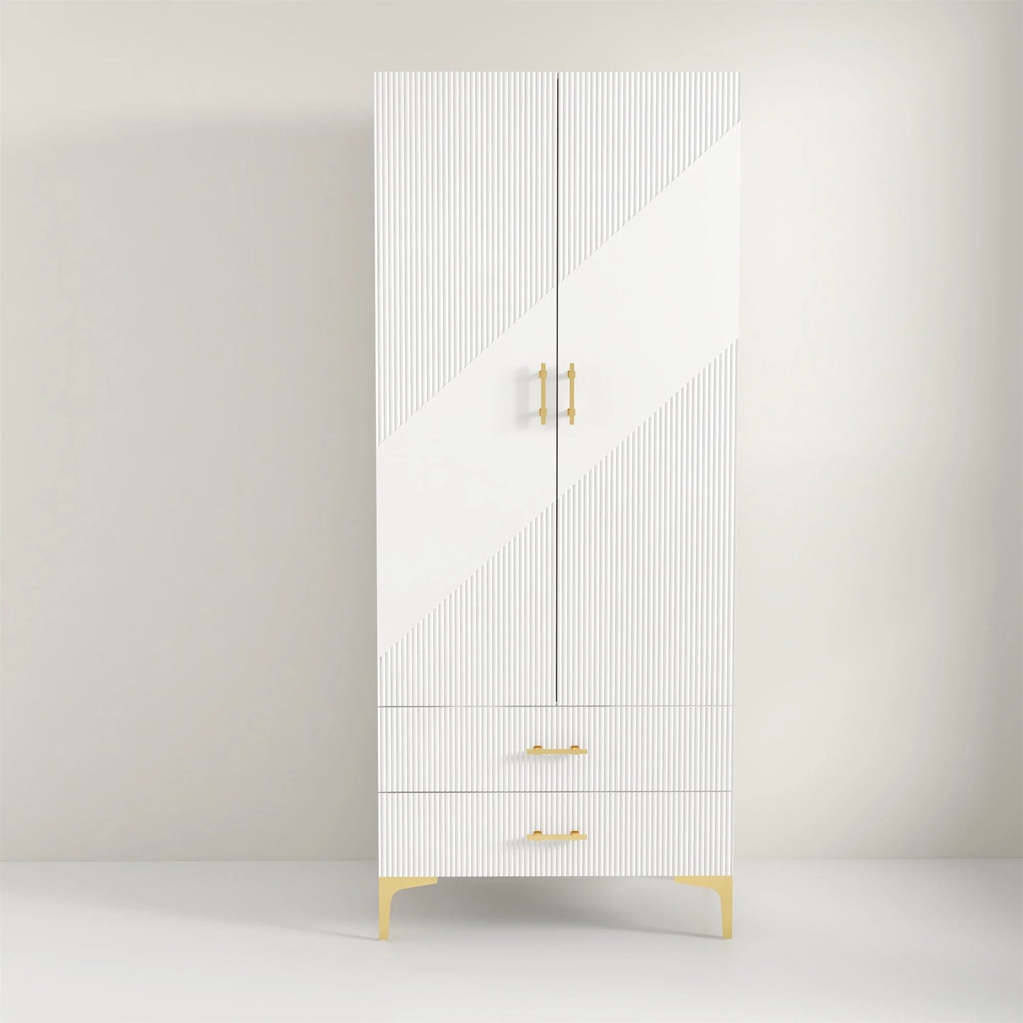 Modern Accent Armoire: White Wood Armoire with Printed Ripple Pattern and Gold Accents