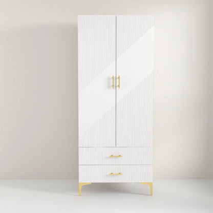 Modern Accent Armoire: White Wood Armoire with Printed Ripple Pattern and Gold Accents