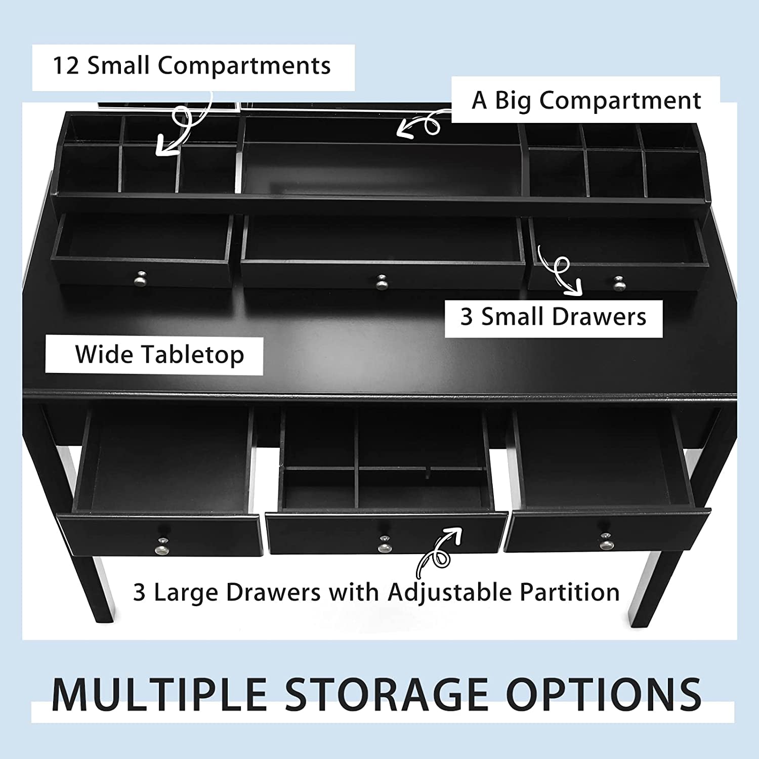 Large Vanity Set with Tri-Folding Lighted Mirror, 3 Color Lighting Modes, 6 Drawers, 12 Storage Compartments, Bedroom Makeup Dressing Table with Cushioned Stool for Women Girls, Black